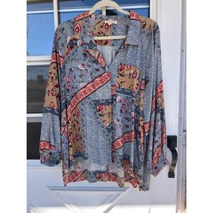 Christian Siriano New York Womens Large Floral Patchwork Button Down Blouse Blue